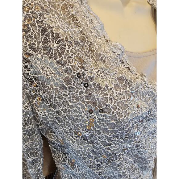 Purple grey faux wrap lace long sleeve layered blouse S USA made sequin sparkle - Picture 3 of 7
